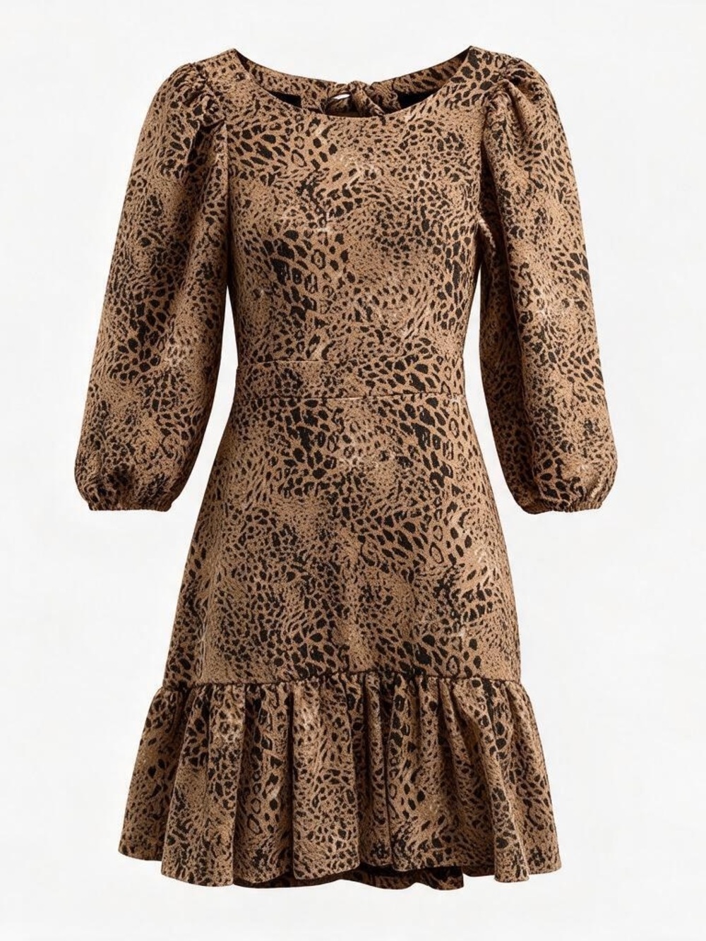 Anthropologie Brown and Black Leopard-Print Puff-Sleeve Mini Dress